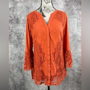 Chico's Orange Cotton Lace Bell Sleeves Embroidered Button down Top size 0 (4-6)